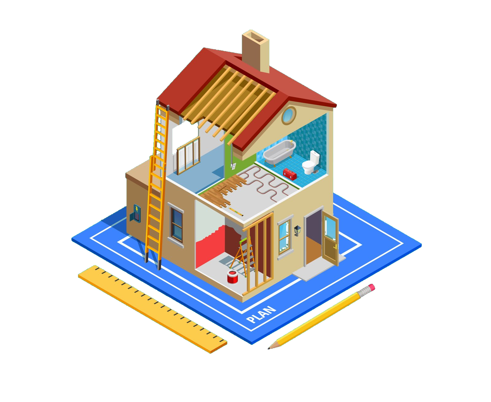 Isometric cutaway illustration of a house under renovation showing electrical, plumbing, heating, decoration and roofing trades — Complete Home and Property Solutions, Stoke-on-Trent